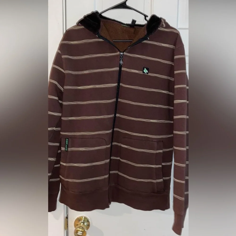 Hippy Tree Striped Fleece Hooded Full Zip Jacket. Brown